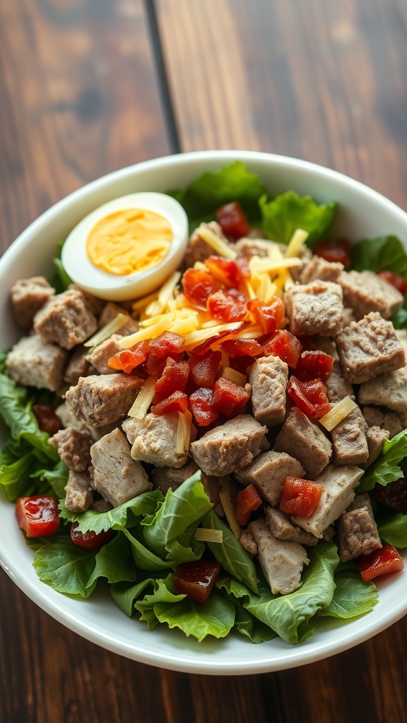 Quick Carnivore Lunch Bowl A protein-rich carnivore lunch bowl with beef, chicken, bacon, and greens, garnished with cheese and egg.
